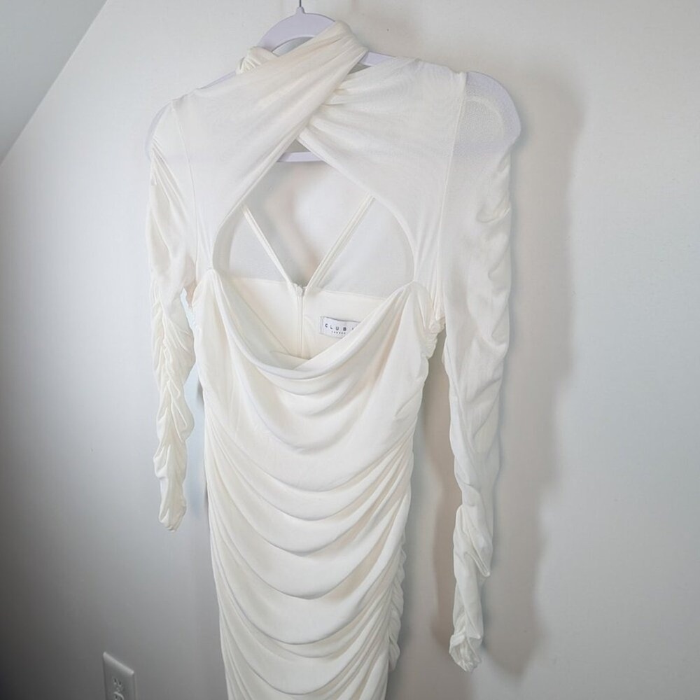 CLUB L‎ LONDON White Mesh Ruched Mock Neck Cutout Long Sleeve Bodycon Dress - Picture 5 of 8